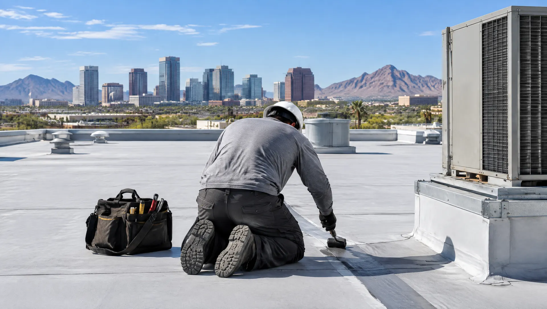 Roofing technician seen from behind, kneeling on a flat commercial roof patching a membrane seam near an HVAC unit, toolbag beside him, Phoenix skyline and blue sky behind