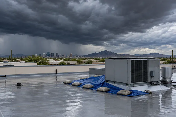Dark monsoon storm clouds building over a flat-roofed commercial building in Phoenix, wet roof surface, tarp and sandbags staged near an HVAC unit