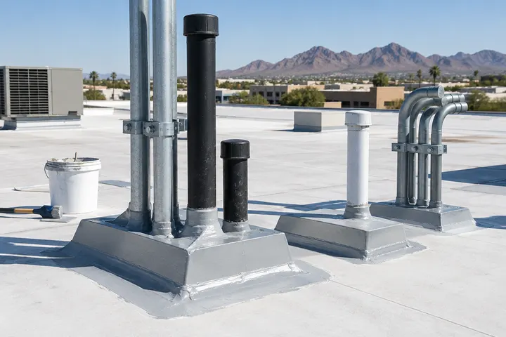 Cluster of pipe and conduit penetrations through a flat commercial roof, with pitch pans and flashing being resealed