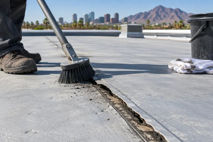 Close-up of a split membrane seam on a flat commercial roof being cleaned and prepared for a patch