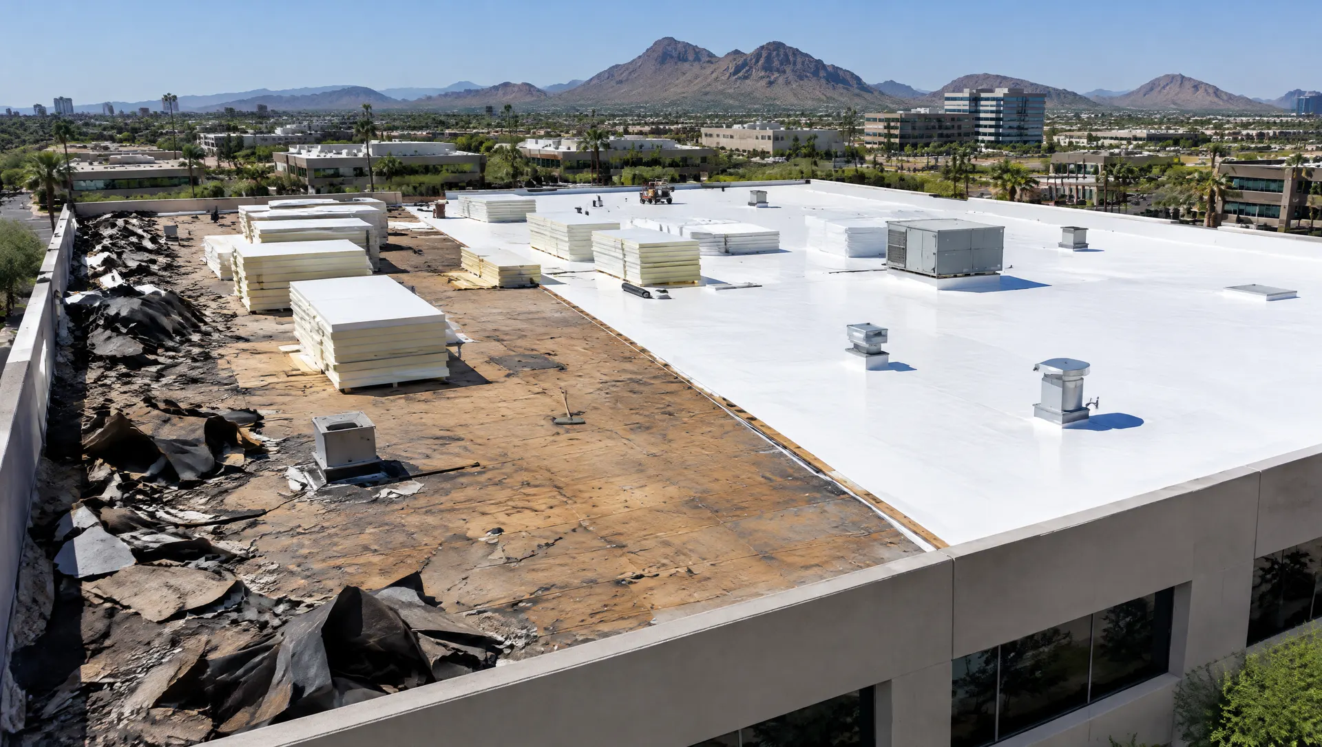 Commercial reroof in progress on a flat-roofed office building in Phoenix: half the roof torn off down to the deck, stacks of insulation boards, new white roof on the finished half