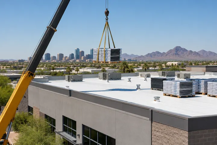 Crane lifting pallets of roofing materials onto the flat roof of a commercial building in Phoenix