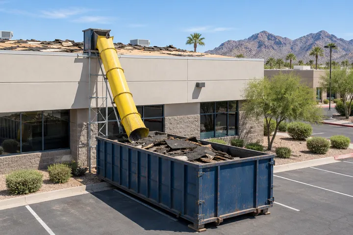 Roof tear-off debris chute and dumpster beside a low-rise commercial building