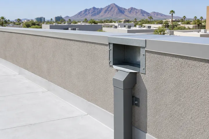 Roof scupper through a parapet wall on a flat commercial building with a downspout, cleared of debris