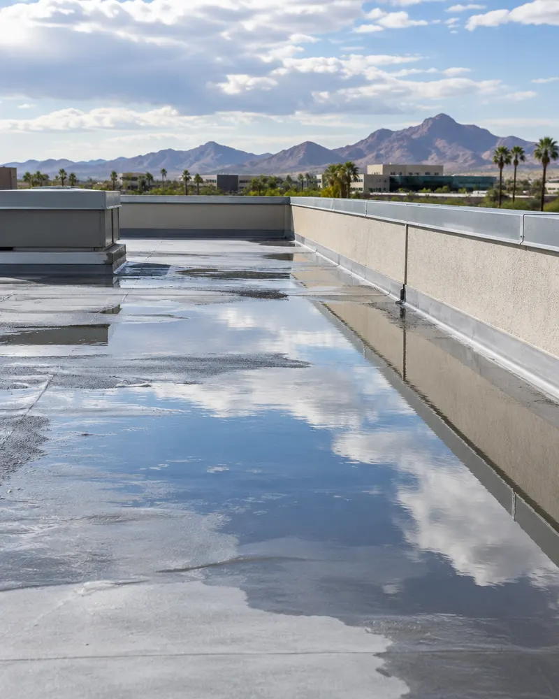 Close-up of shallow ponding water on a flat commercial roof membrane near a parapet after rain, reflecting the sky