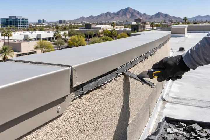 Parapet wall cap and coping on a flat commercial roof with cracked old sealant being cut out for repair