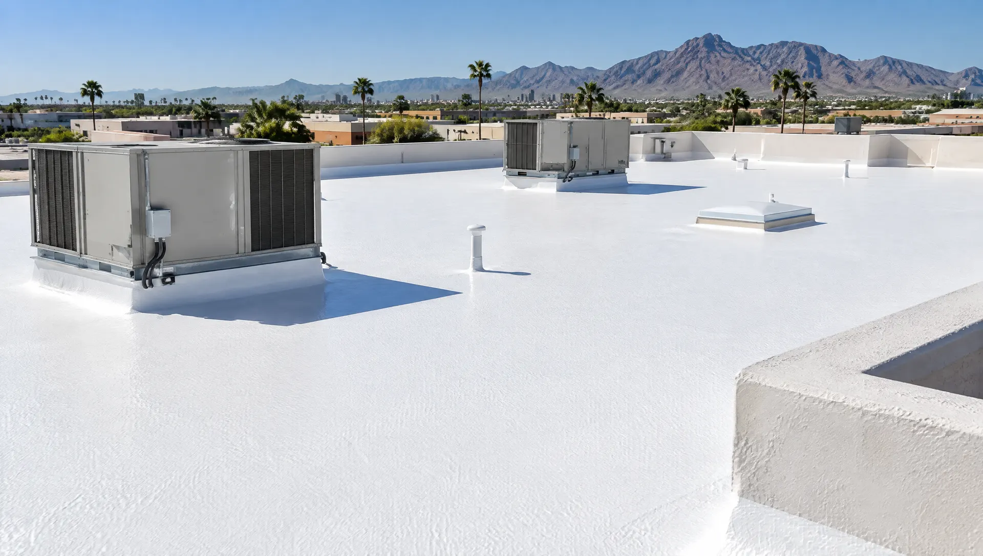 Freshly coated spray polyurethane foam roof on a flat commercial building in Phoenix, bright white elastomeric coating with a slightly textured orange-peel surface, HVAC units and parapets