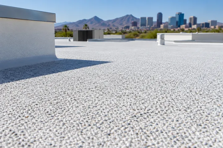 Close-up of a white elastomeric coated foam roof with embedded mineral granules for foot traffic protection