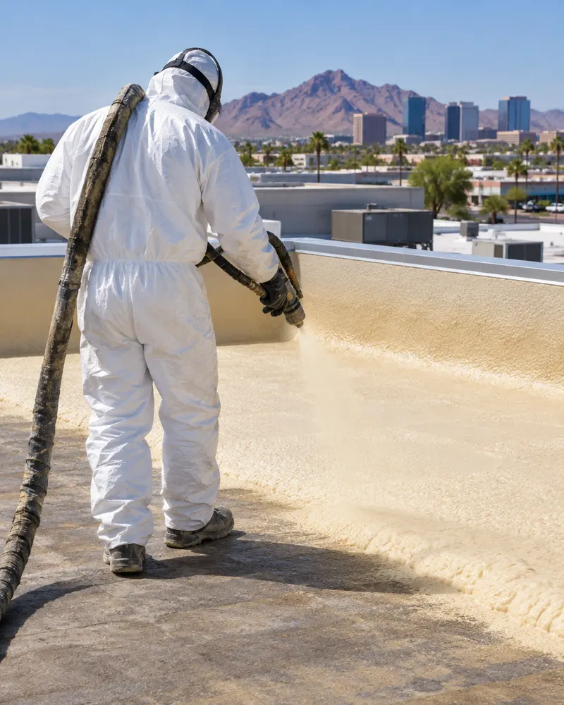 Applicator seen from behind in protective suit spraying polyurethane foam onto a flat roof deck, tan foam rising