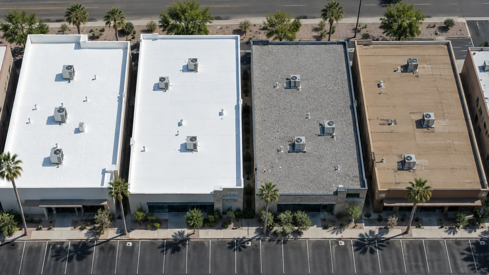 Overhead aerial of a block of Phoenix commercial buildings with different flat roof types side by side: white foam roof, white TPO membrane, gray gravel built-up roof and a tan modified bitumen roof