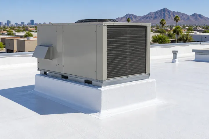 Rooftop HVAC unit on a curb on a flat commercial roof, with fresh white coating and sealed flashing around the base of the curb