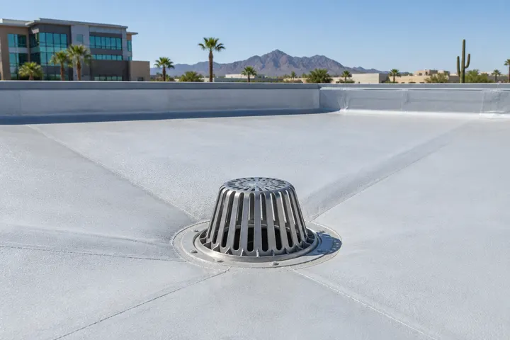 Clean roof drain with a metal strainer on a flat commercial roof, the surrounding membrane sloping toward it, dry and clear of debris