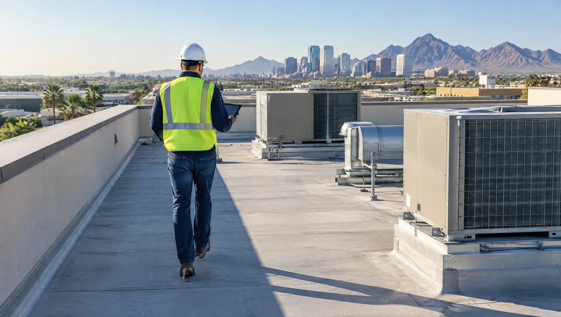 Roof inspector seen from behind, wearing a hard hat, walking a flat commercial roof with a tablet, checking around rooftop HVAC units and parapet walls, Phoenix morning light