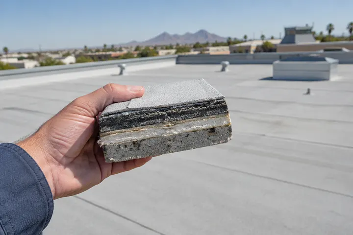 Small core sample cut from a flat commercial roof showing the layered roof system, held over the roof