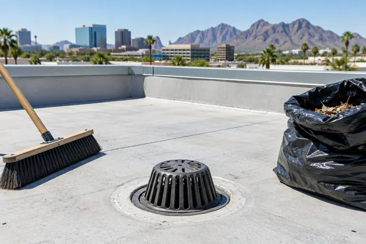 Leaves and debris cleared from a roof drain on a flat commercial roof, push broom and bag nearby