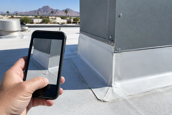 Close-up of a hand holding a phone photographing a roof flashing detail for a report on a flat commercial roof, no screen text visible