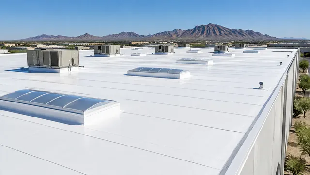 New white TPO single-ply membrane roof on a large warehouse in Phoenix, straight heat-welded seams in long rows, skylights and rooftop units, clear blue sky
