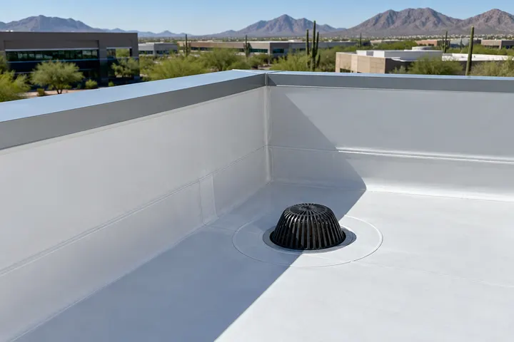 TPO membrane flashed up a parapet wall and around a roof drain, clean welded details