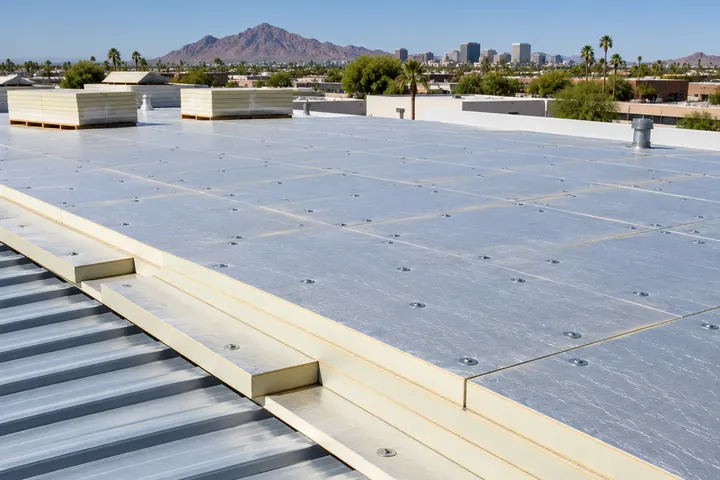 Layers of polyiso insulation boards fastened to a metal roof deck before the TPO membrane goes down