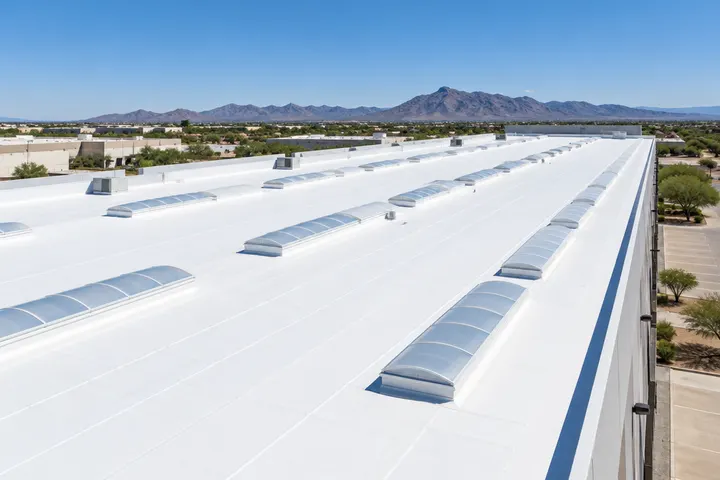 Long rows of new white TPO membrane on a warehouse roof with skylights, wide angle